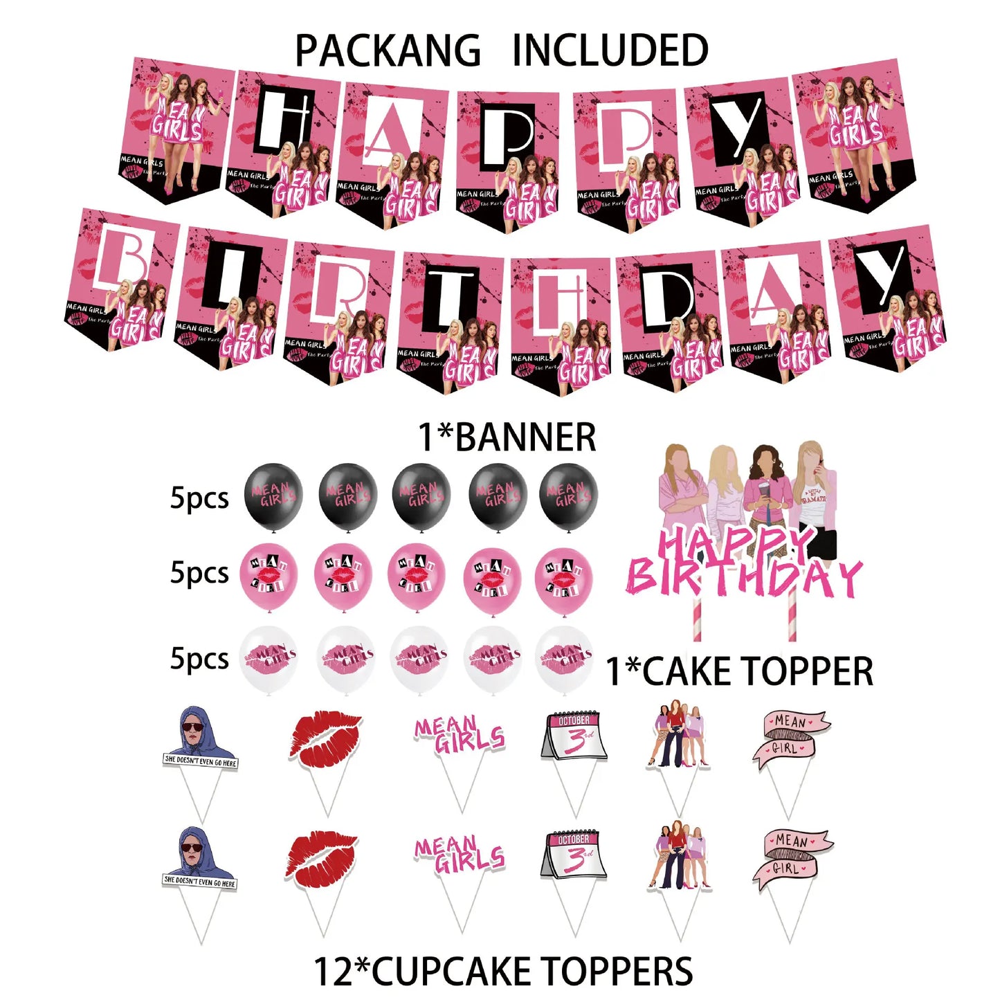 New Disney Cartoon Mean Girl Pink Theme Birthday Party Articles Latex Balloon Cake Decoration Banner Baby Shower Girl Kid Gift