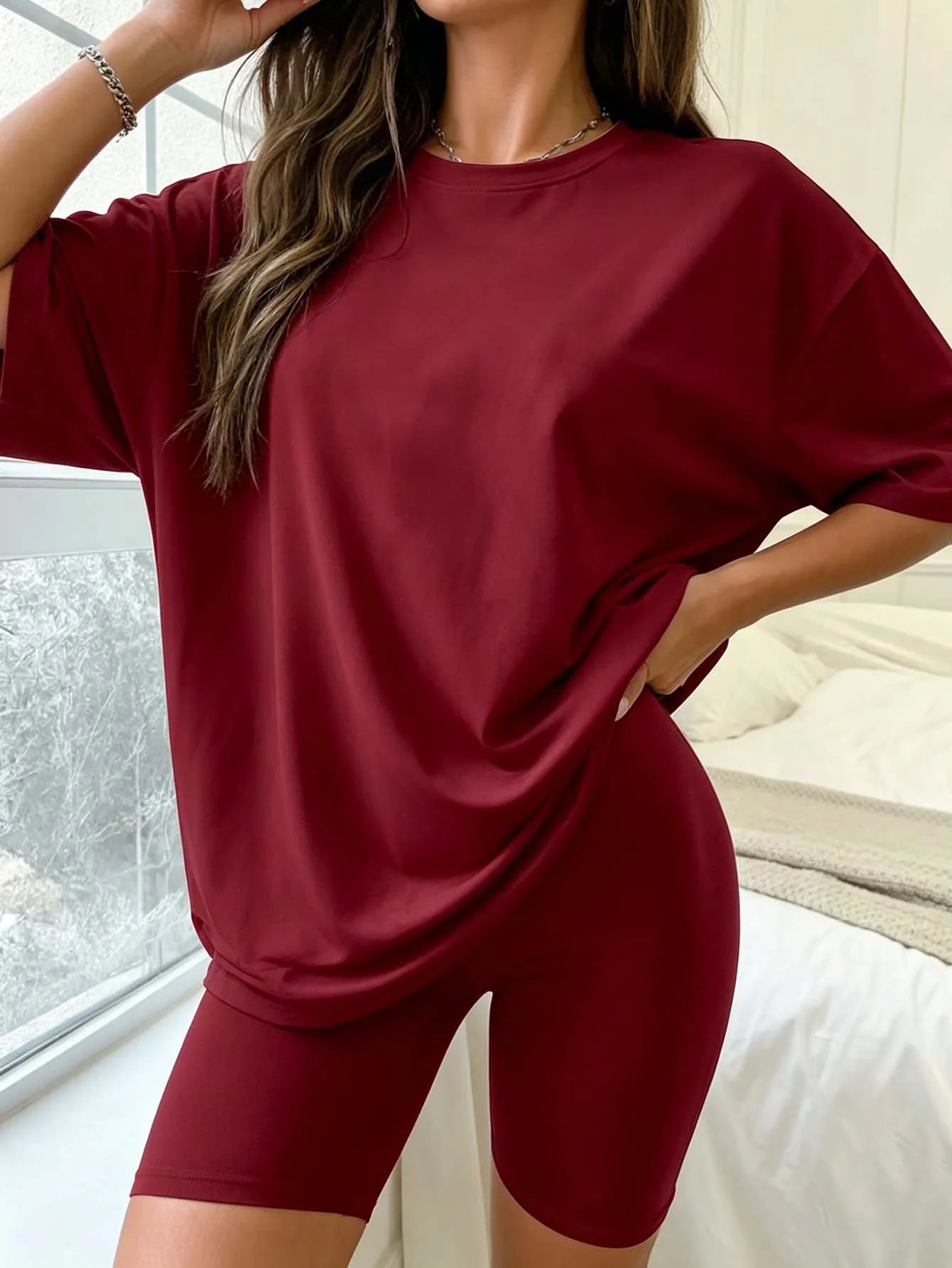 Large-size women's casual summer short-sleeved dress with tight shorts set, suitable for exercise and fitness, soft and comforta