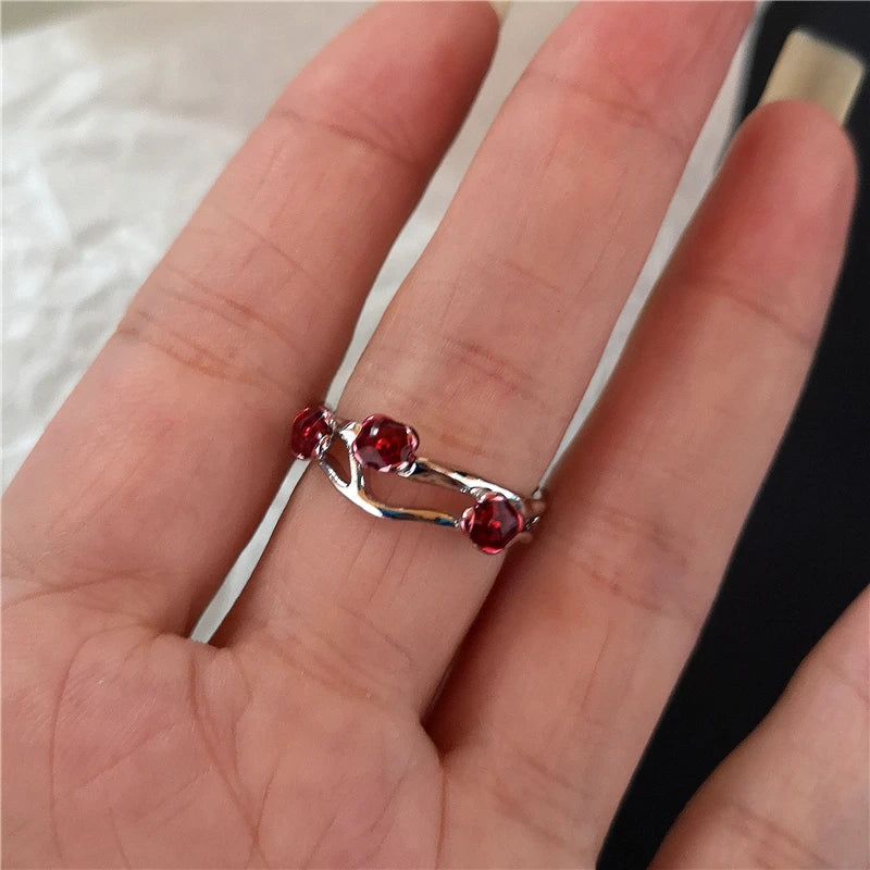 Goth Punk Vintage Red Crystal Love Heart Cross Geometry Irregular Open Ring Set Y2K Halloween Accessories For Women Kpop Jewelry