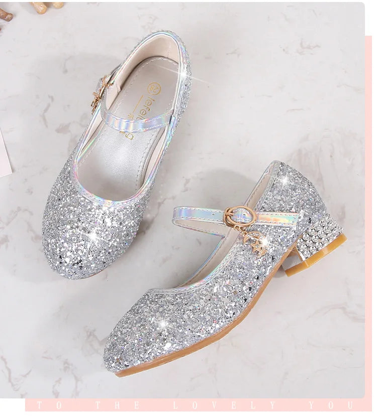 Zhongda Girls' Fashion Show Crystal Shoe New Versatile Mary Jane Fashion Sequins Walk Princess Shoe School Shoes for Kid Girls