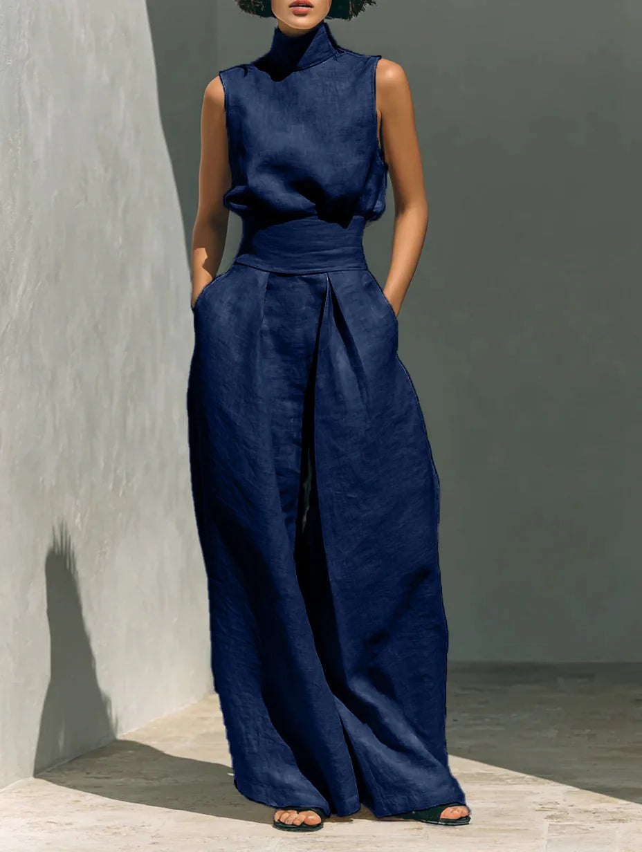 Women's Solid Color 2 Piece Set Sleeveless High Neck Top Back Keyhole High Waist Wide Leg Pants Casual Minimalist Summer Outfit