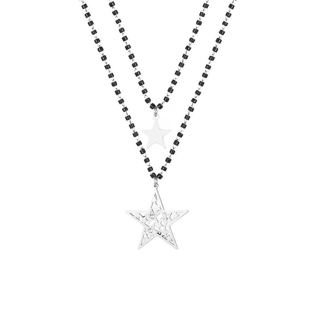 Fashion Double Layer Black Crystal Beads Necklace For Women Stainless Steel Star Choker Necklace Women's Jewelry femme Bijoux