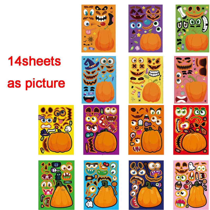 Halloween Party Favors Stickers for Kids 6-24sheets DIY Ghost Witch Mummy Make A Face Stickers Children Toddles Puzzle Jigsaw