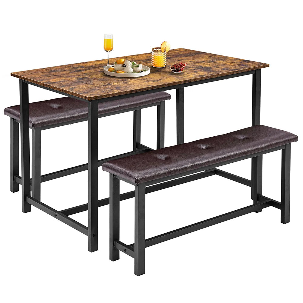 Brown Dining Table Set for 4 Upholstered Benches, 3pcs/set