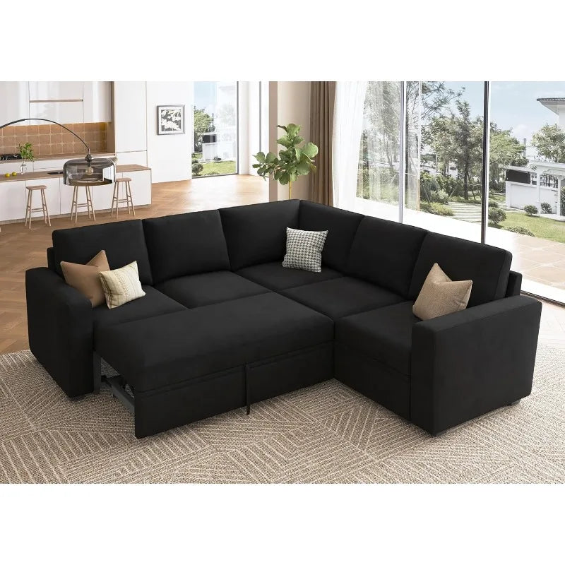 Velvet Sleeper Sectional with Storage, L-Shaped Pull Out Bed Black, Modular Design.