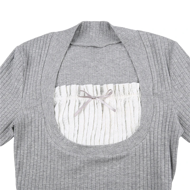 Xingqing Elegant Lady Square Collar T Shirt Kawaii Clothes Fairy Grunge Long Sleeve Ribbed Tops y2k Tees 2000s Women Streetwear