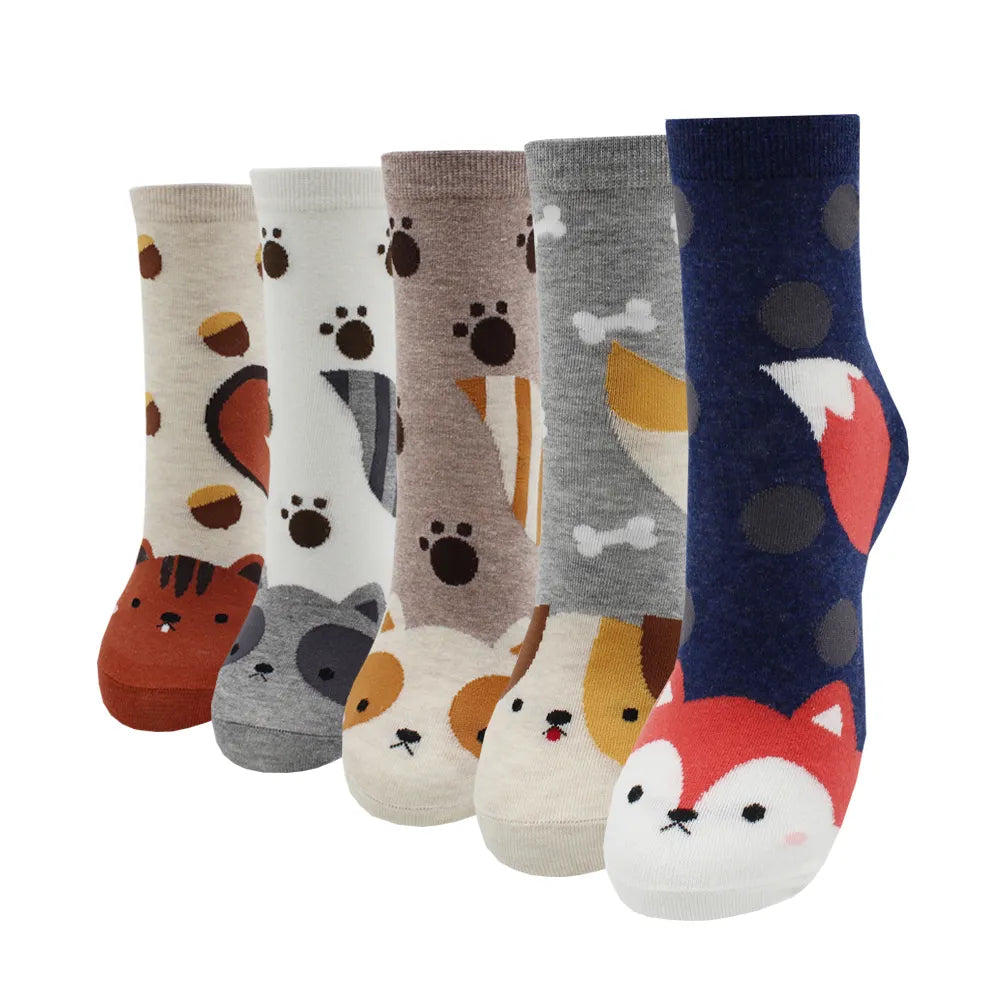 5 Pairs Fashion Colorful Kawaii Cute Cartoon Cotton Women Socks Harajuku Korean Halloween Cat Dog Owl Duck Fox Girl Socks