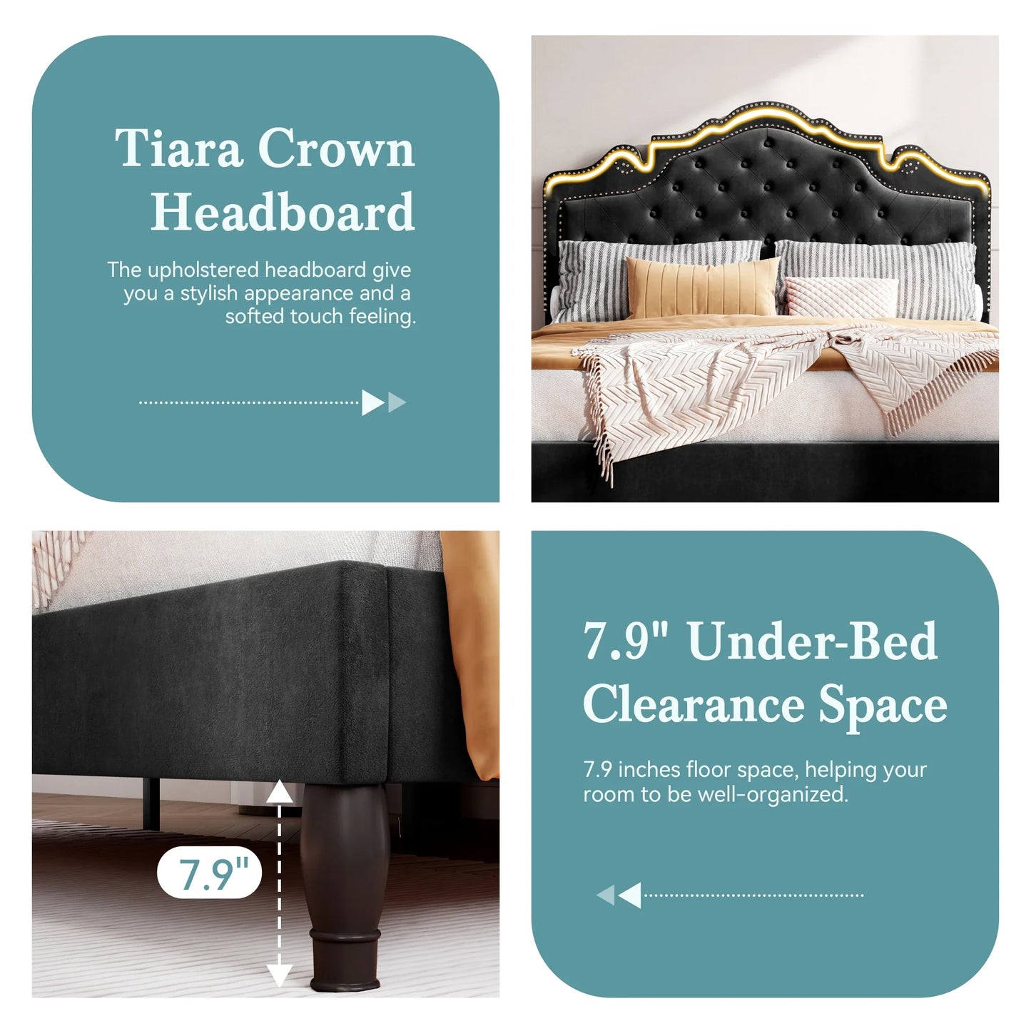 Bed Frame with Adjustable Velvet Tiara Headboard, Upholstered Diamond Button.