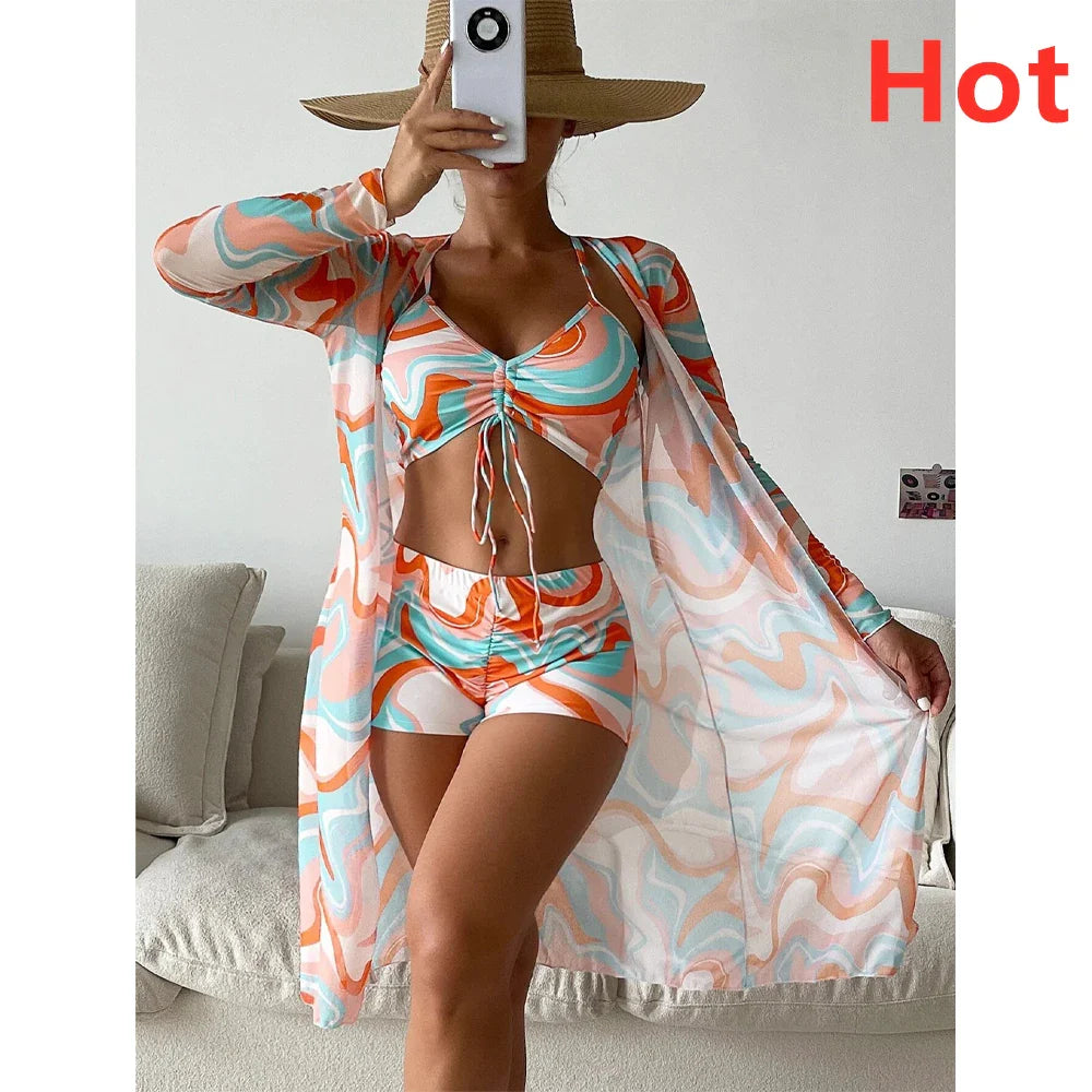Three Pieces Bikini Set Cover Up Women New Push Up Twist Swimsuit Print Long Sleeve Swimwear Biquini Bathing Suit Summer
