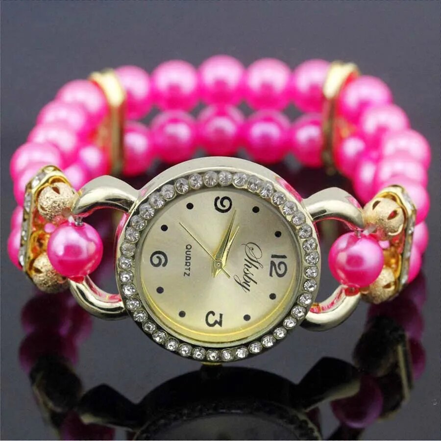 Shsby New Women's Rhinestone Quartz Analog Bracelet Wrist Watch Lady Watches With Colorful Pearls
