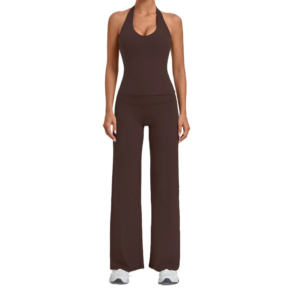 Women Halter V Neck 2Pcs Yoga Outfit Backless Crop Top High Waist Flare Pants Soft Stretch Workout Gym Pilates Casual Tracksuit
