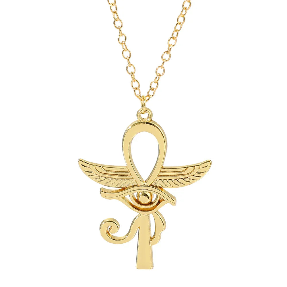 Eye Of Horus Ankh Necklace Women Men Ancient Egypt Wing Ankh Cross Pendant Necklaces Choker Silver Gold Plated Religious Jewelry