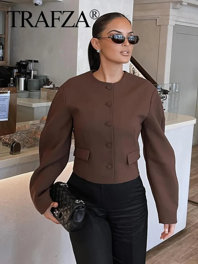 TRAFZA Women Minimalist Coat Mini Skirt Sets 2024 Fashion Balloon Pattern Jacket Suit 2 Piece Sets Female Elegant Modern Outfit