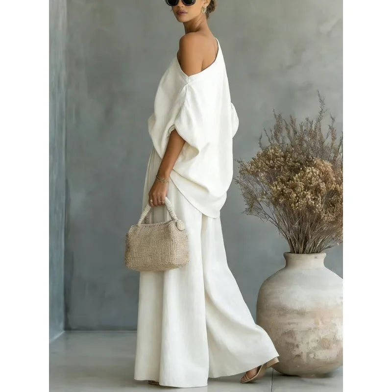 2026 Spring/Summer Korean Casual Pleated Half-Sleeve Shirt Wide-Leg Pants Two-Piece Set For Commuting And Comfortable Leisure