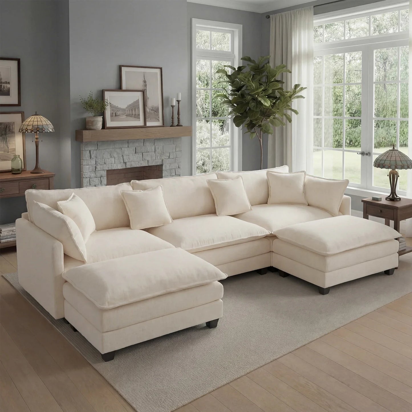 Redlife 113.4" Modular Sectional Sofa with Ottoman, Comfy Cloud Couch with Deep Seat (23.6" D), Solid Wood Frame, for Living Room.