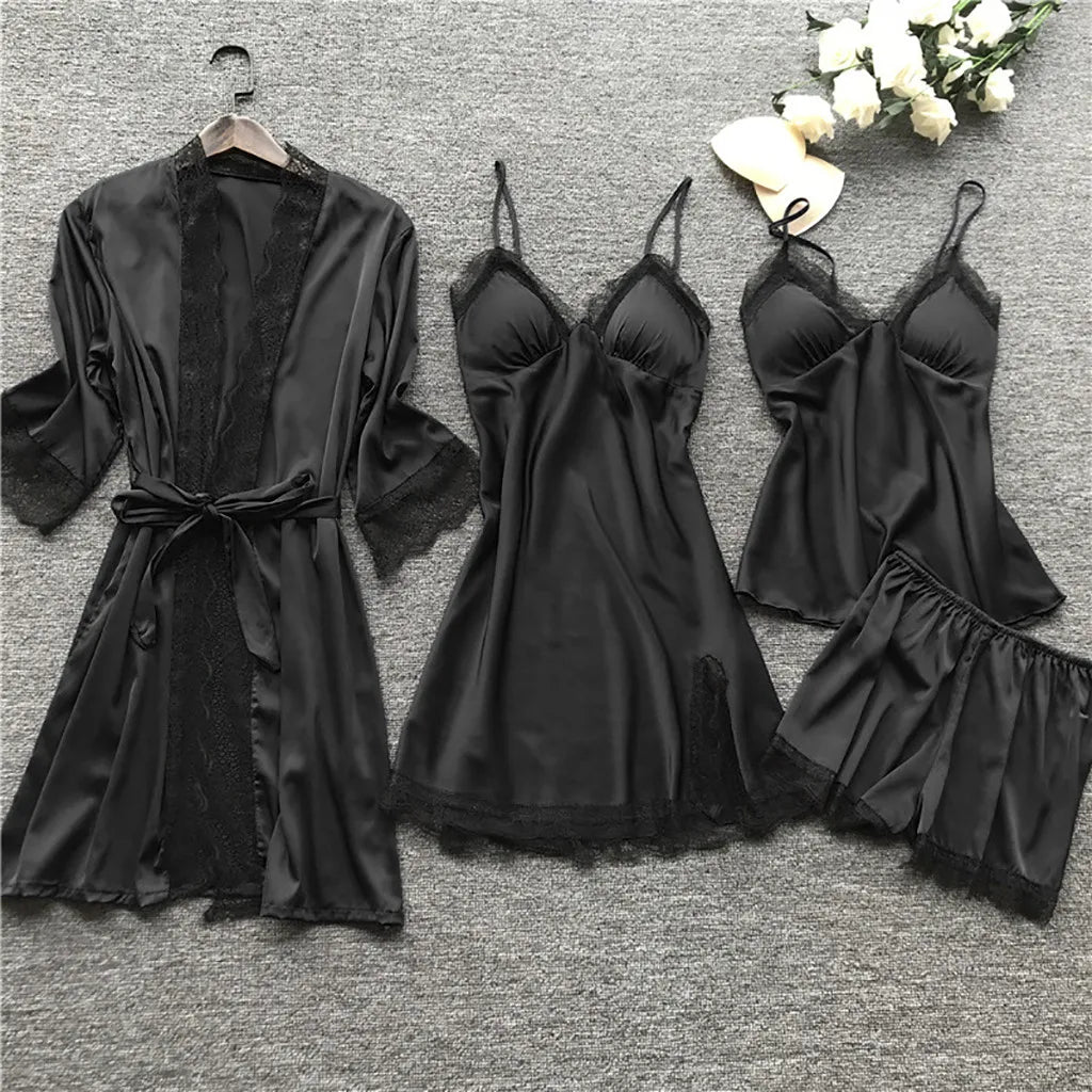 4 Pieces Pajamas Sets Satin Sleepwear Women Silk Nightwear Pyjama Strap Lace Sleep Lounge Pajama with Chest Pads