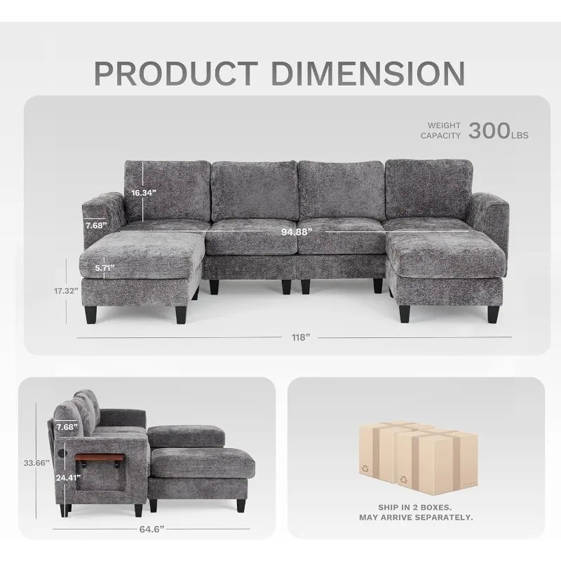 118" U-Shaped Sectional Couch, 4-Seat Modular Sofa with 2 Ottomans ,Foldable Side Table, Grey for Living Room