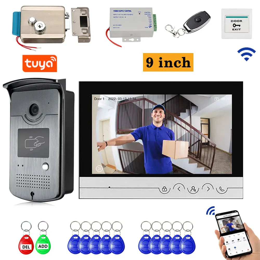  WiFi Video Doorphone Intercom 4 Wire 1V1/1V2 9 inch LCD RFID Camera Doorbell Access Control System APP Unlock W/ Electric Lock
