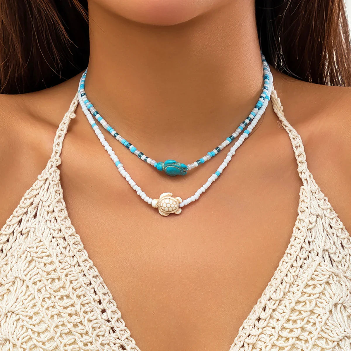 Salircon Trend Charm Acrylic Turtle Sea Star Double Layer Necklace Boho Seed Beads Beaded Short Necklace Women's Beach Jewelry