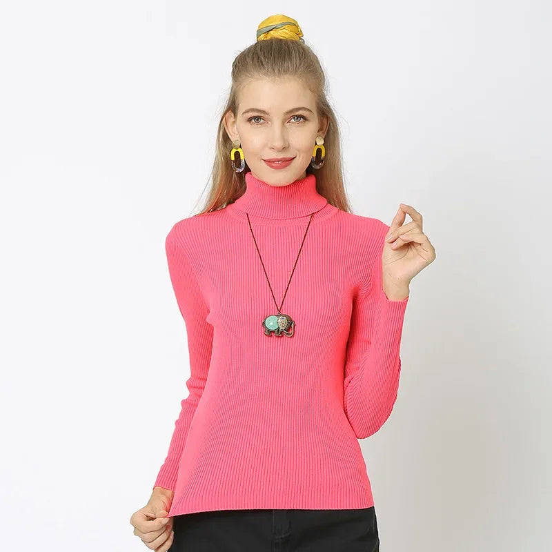Women Turtleneck Sweaters Solid Color Autumn Winter Warm Knitted Pullovers Soft Tops Female Slim Fit Knitwear Lady Basic Jumpers