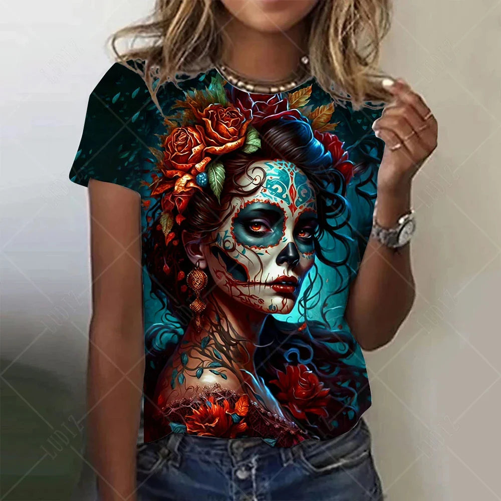Summer Women Fashion T-shirt Mexican Day Of Dead Tops Tees Female Daily Casual Short Sleeve Clothing Ladies Vintage Outfit