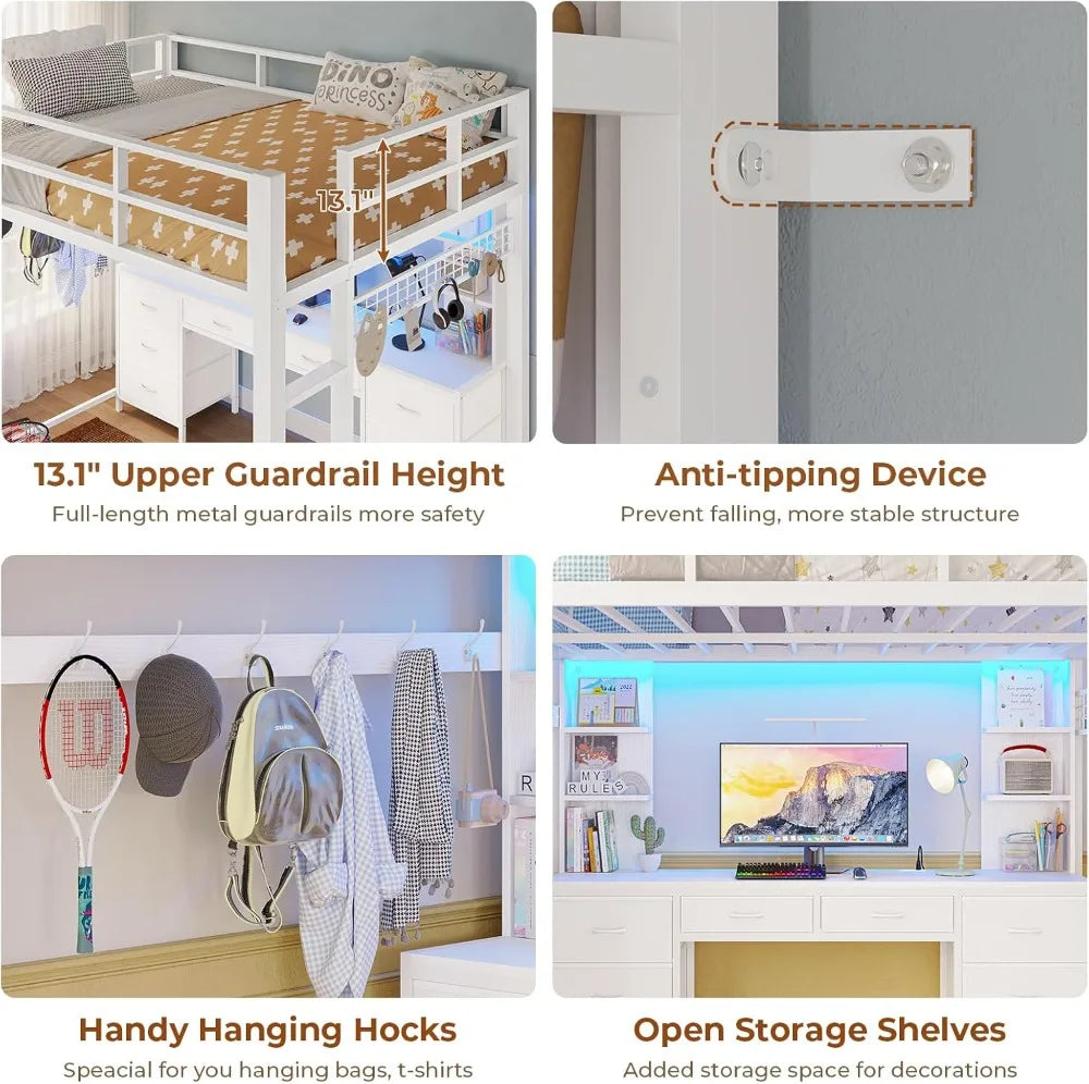 Full Metal Loft Bed with Desk, 8 Drawers Storage, Charging Station & LED Lights, Space-Saving.