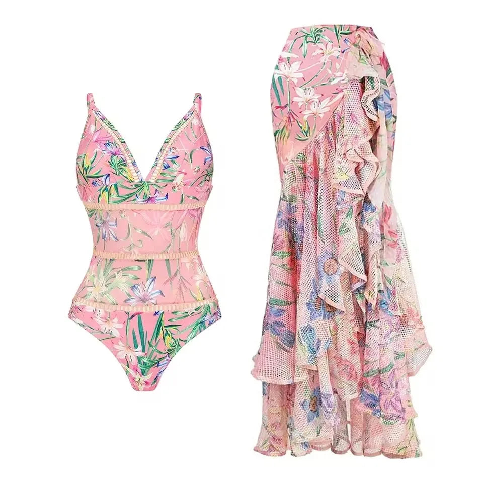 Women's Mini Ruffle Print Bikini Set and Skirt Chic Swimwear Luxury Two Piece Swimsuit Beach Outfits Bathing Suit Beachwear 2024