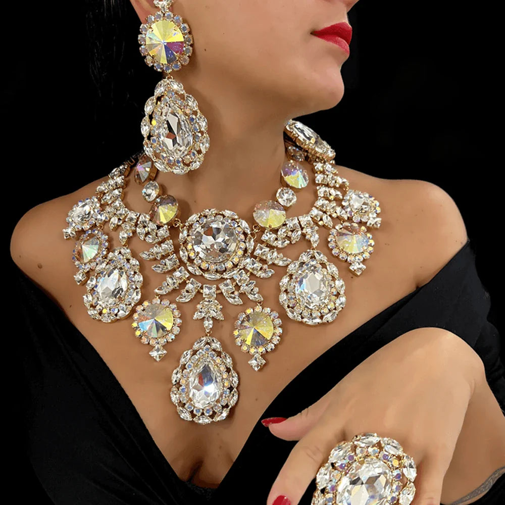 Stonefans Water Drop Exaggerated Jewelry Sets Queen Accessories  Statement Colorful Rhinestone African Necklace Set for Women