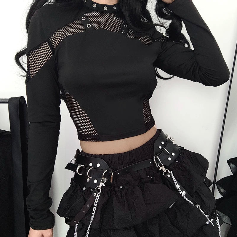 Darlingaga Gothic Dark Skinny Women T-shirts Fishnet Spliced Harajuku Crop Top Hollow Out Eyelet Punk Tee Shirt Stand Collar New