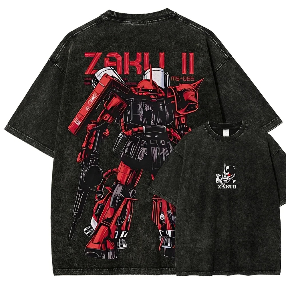 Zaku II T Shirt Char Aznable Men Vintage Acid Wash Mecha MS-06S Streetwear Oversized Retro Mobile Suit Zeon Japanese Graphic Tee