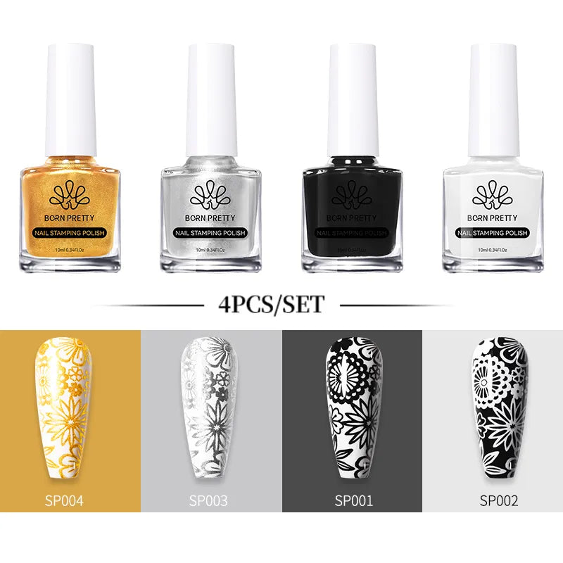 BORN PRETTY 10ml Stamping Nail Polish Set Gold Silver Black White Color Nail Printing Polish DIY for Nail Plate Design Varnish