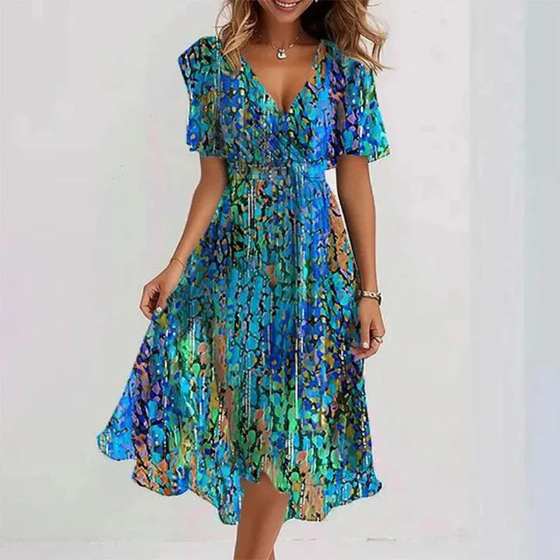 Elegant Sexy V Neck Floral Chiffon Mini Skirt Ladie Summer High-waisted Short Sleeve A-Line Bohemian Dress Evening Dress