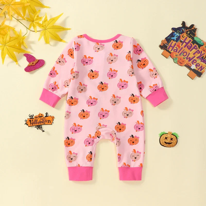 VISgogo Baby Girl Halloween Romper Pumpkin Print Zipper Front Long Sleeve Crew Neck Full Length Jumpsuit Newborn Fall Clothes