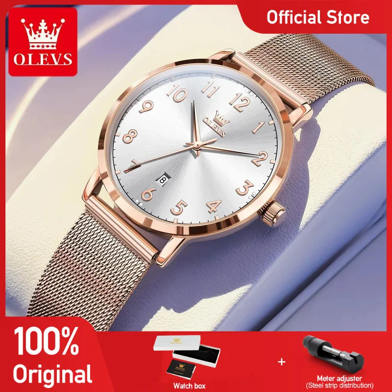 OLEVS 5653 Woman Watches Elegant Original Quartz Watch Waterproof Arabic Numerals Mesh Belt Date Ladies Watch Set Bracelet Watch