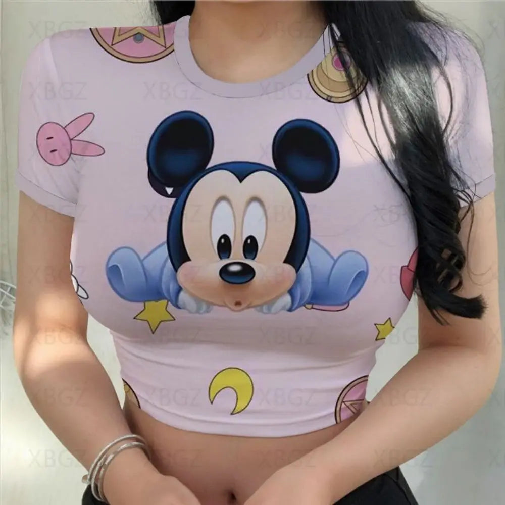 T-shirts Slim Fit Y2k Print Woman Clothes Cartoon Fashion Blouses 2024 Sexy Women's T-shirt Mickey Crop Top Minnie Mouse Disney