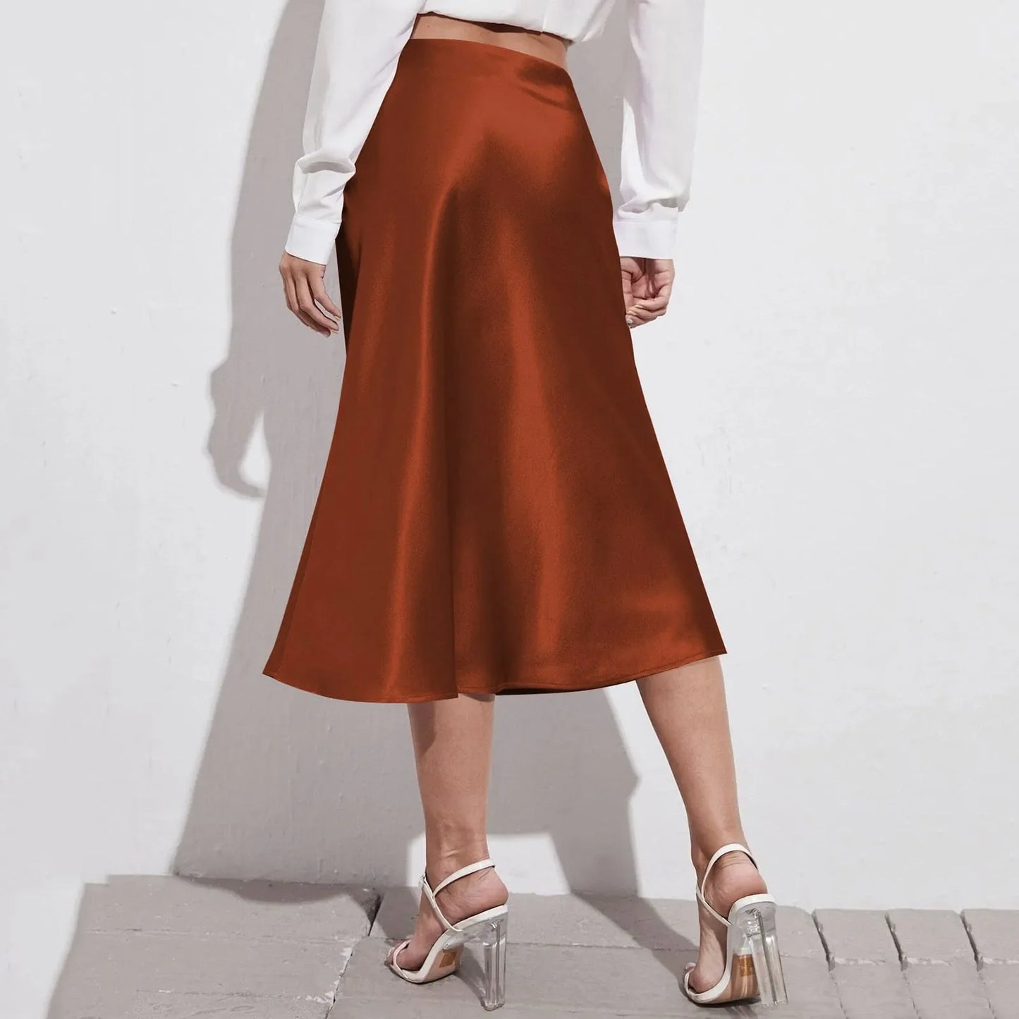Spring Solid Satin Silk Skirt Women High Waisted Summer Long Skirt New 2024 Elegant Ladies Office A Line Midi Skirts Jupes юбка