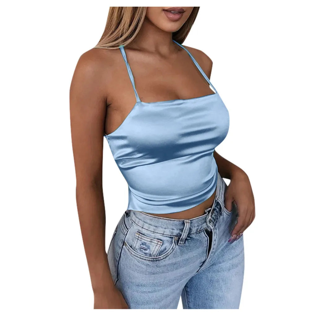 Slim Backless Crop Tops Soft Ice Silk Sexy Camisole Women's Club Party Bandage Camis Y2k Sexy Tank Tops Blusas Ropa De Mujer