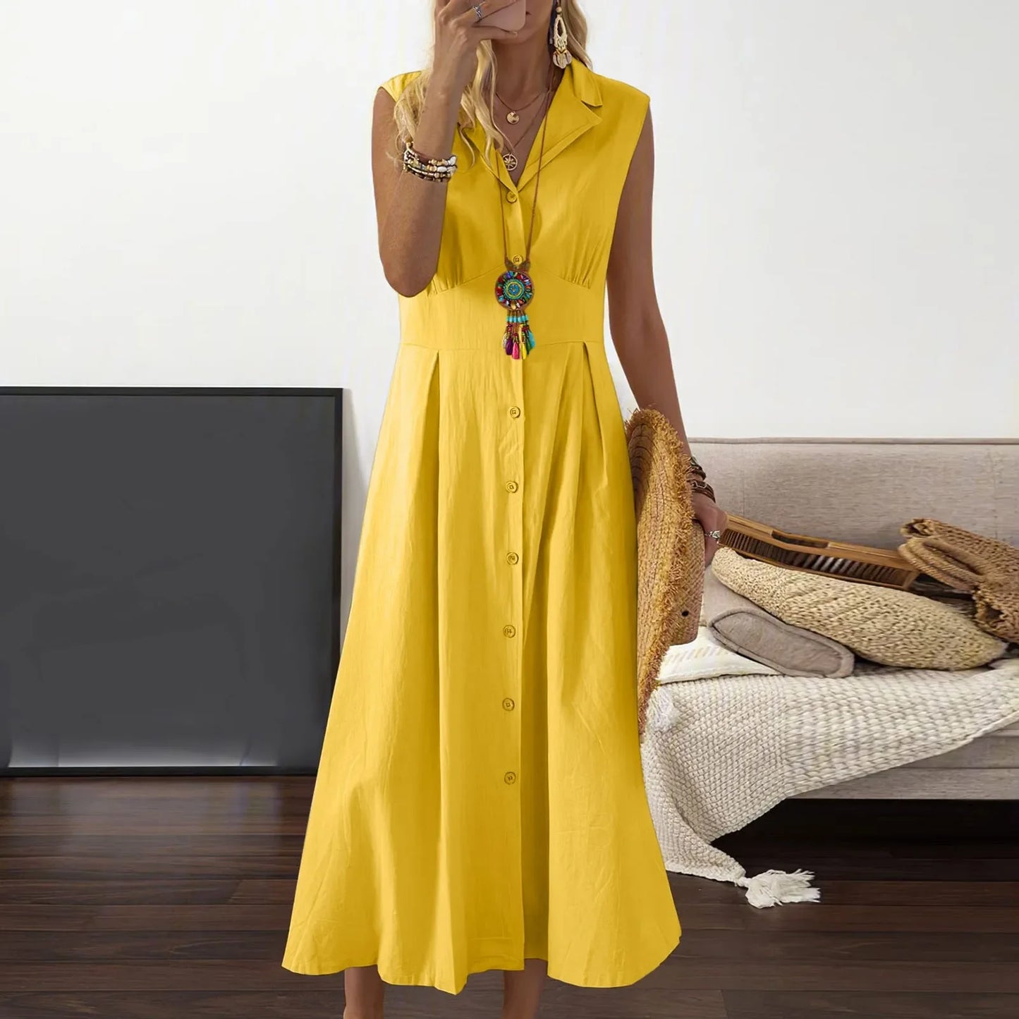 Casual Loose Sleeveless Shirt Dress Solid Color Button Cotton Linen Blend Dress Elegant Vacation Holiday Dresses платье женское