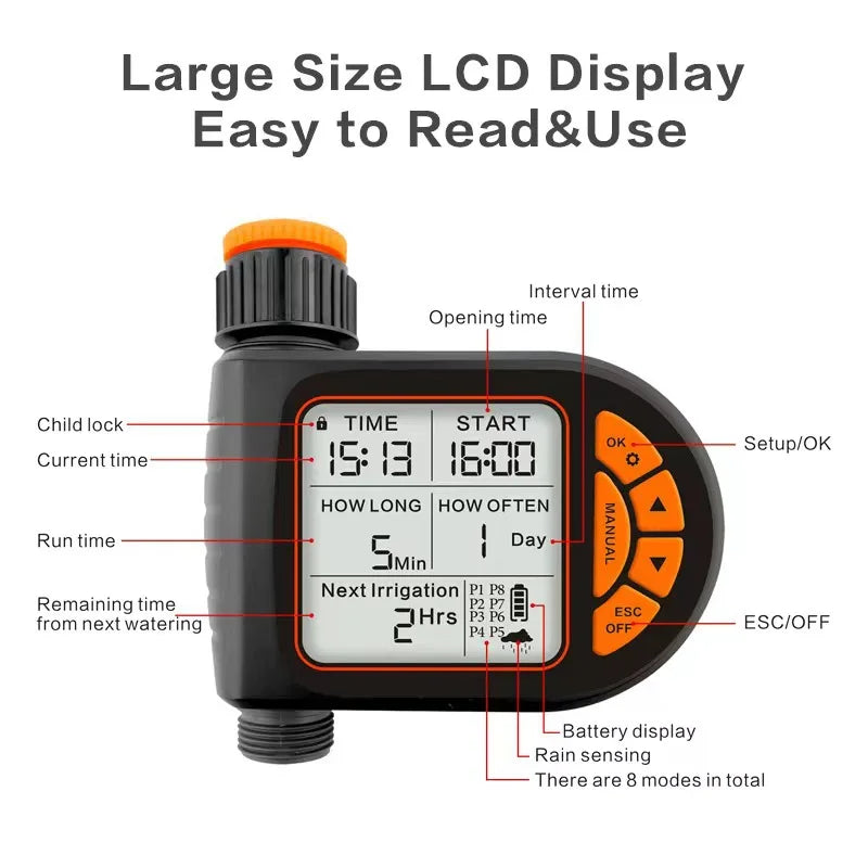 Intelligent Garden Drip Irrigation Timer, Large Screen LCD Automatic Watering Controller.