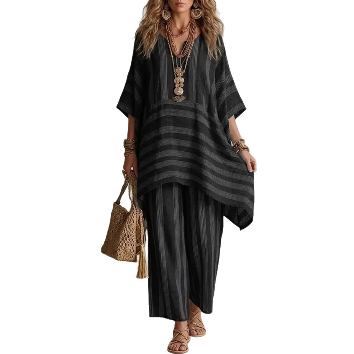 2026 New Women's Two Piece Spring/Summer Fashion V-neck Loose Striped Casual Set