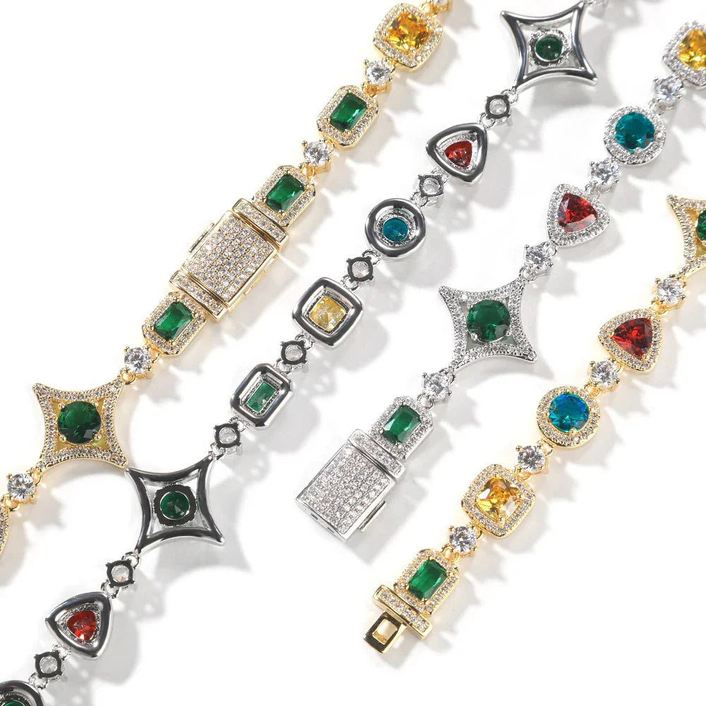 Iced Out Rainbow Necklace Women Heart/Star/Square Gemstones Link Chain Bracelets Fashion Jewelry