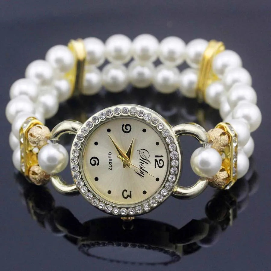 Shsby New Women's Rhinestone Quartz Analog Bracelet Wrist Watch Lady Watches With Colorful Pearls