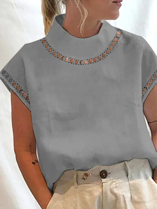 Vintage Tops Mujer Women Blouse Solid Cotton Summer Casual Chic Tunic Hallow Stand Collar Oversized White Blouses Blusas