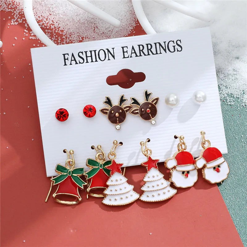 6 pairs Christmas Stud Earrings Xmas Tree Brown Elk Snowman Santa Claus Cute Christmas Earrings Christmas Gifts For Women Girls