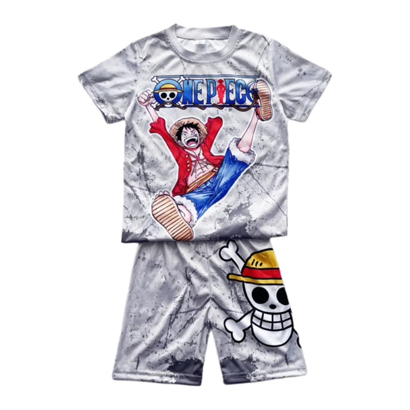 2026 New One Piece Monkey D. Luffy Kids Pajama Set Short Sleeve T-shirt & Shorts Anime Sleepwear Soft Breathable Loungewear