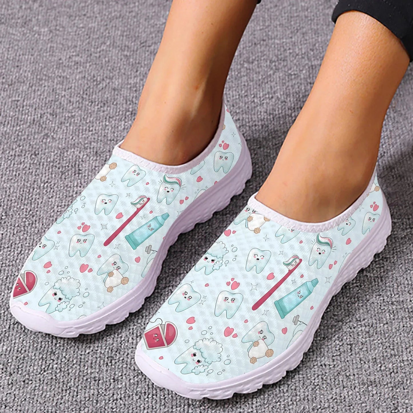 INSTANTARTS Cartoon Dental Loafers Pink Tooth Print Comfortable Breathable Shoes Medical Nurse Shoes Women's Slip On Shoes Flat