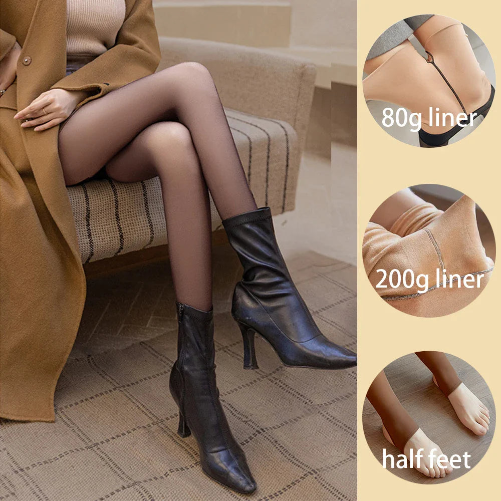 Loozykit Fleece Leggings Women's Insulated Tights Winter Thermal Stockings Sexy High Waist Elastic Pantyhose Skin Effect Socks