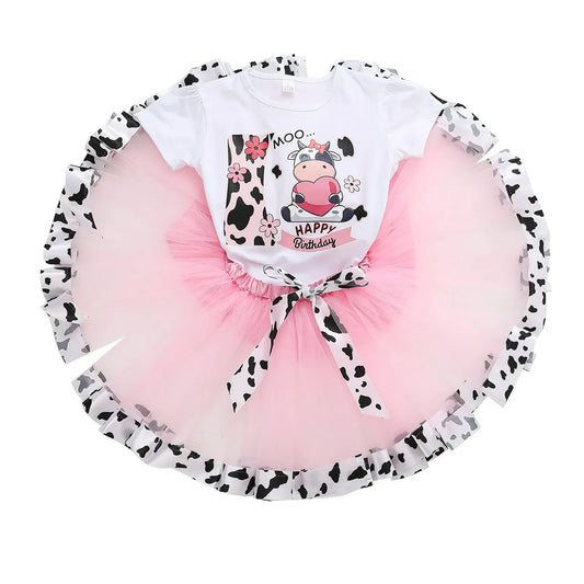 2-8Y Kids Girls Clothes Sets Girls Short Sleeved Letter Print Mesh Tutu Skirt Birthday Party Dance Performance Suits