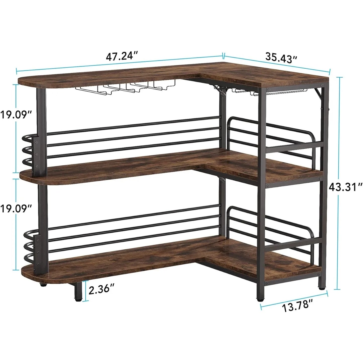 L-Shaped Home Bar Unit, 3 Tier Liquor Bar Table with Storage and Wine Glasses Holder