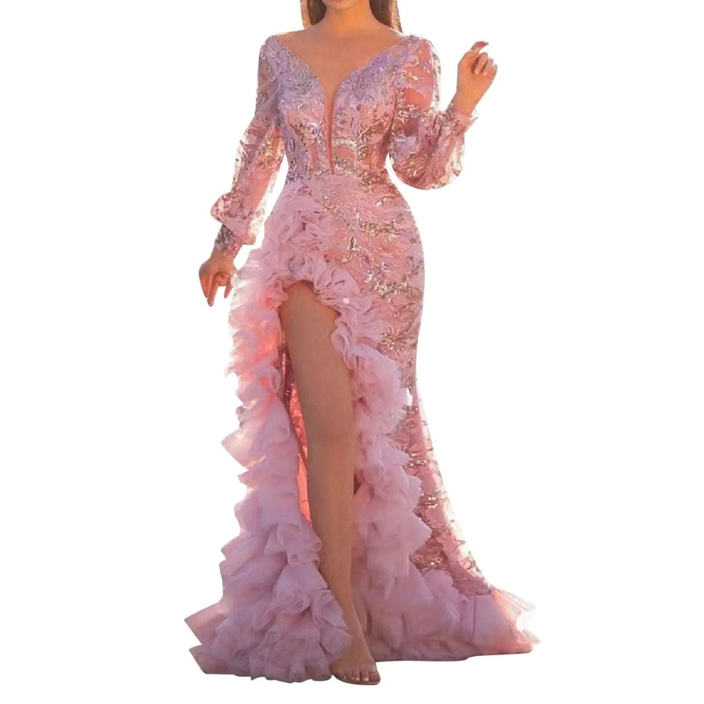 Women's Deep V-Neck Prom Dress Female Evening Gowns Long Sleeve Sequined Glitter Ruffles Split Maxi Dress Puffy Party Dress